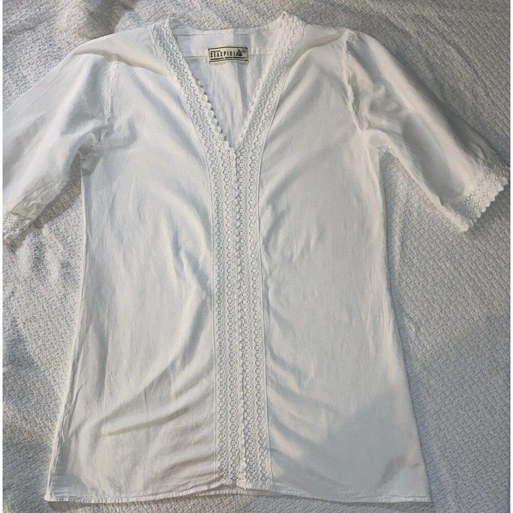 SEASPICE White 100% Peruvian Cotton Boho Lace Tunic Beach Coverup Medium